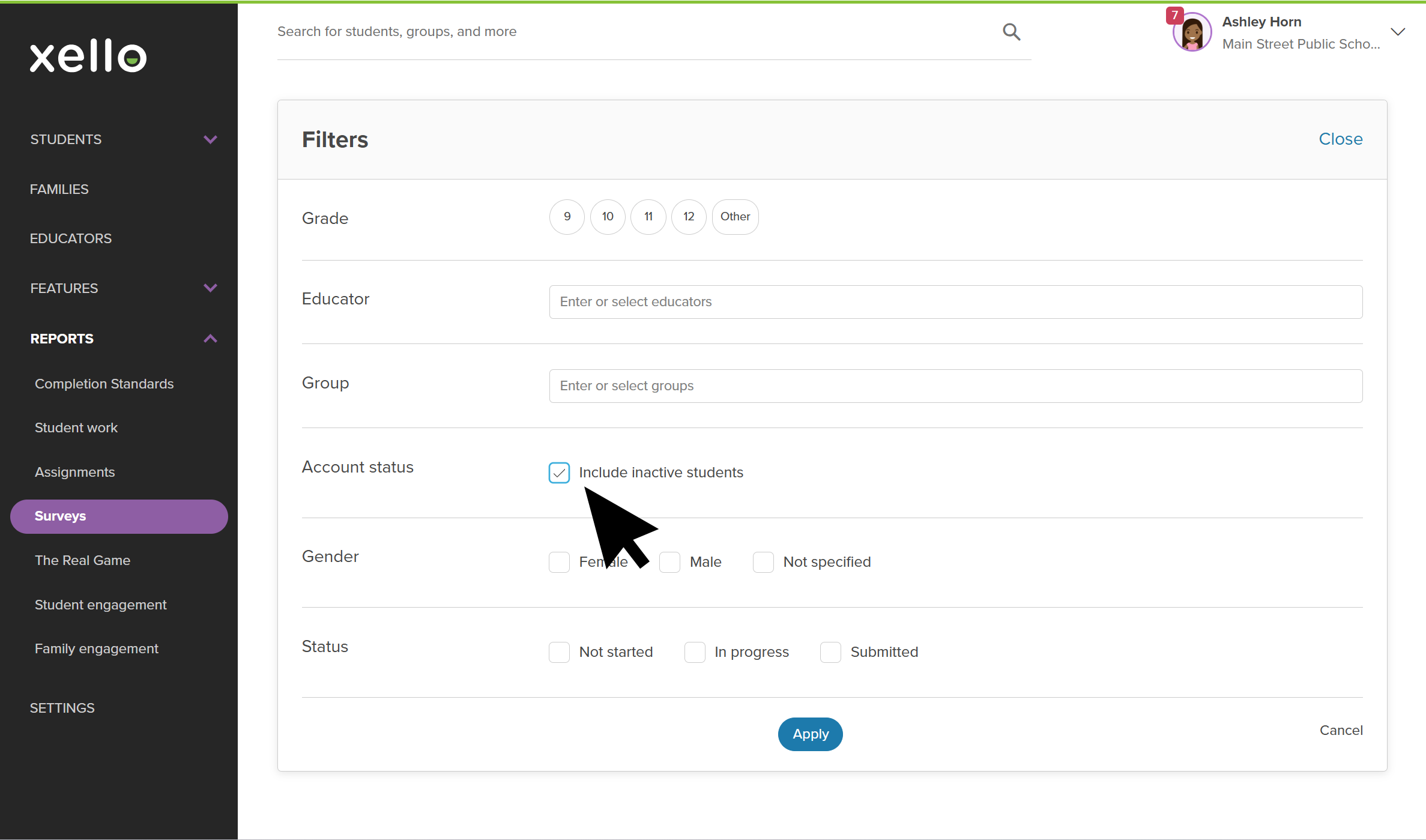 Educator account in Xello with a survey report's Filters window open. The cursor is clicking Show inactive students.